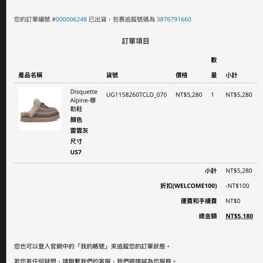 UGG Disquette Alpine-穆勒鞋 顏色 雷雲灰 尺寸 US7-7