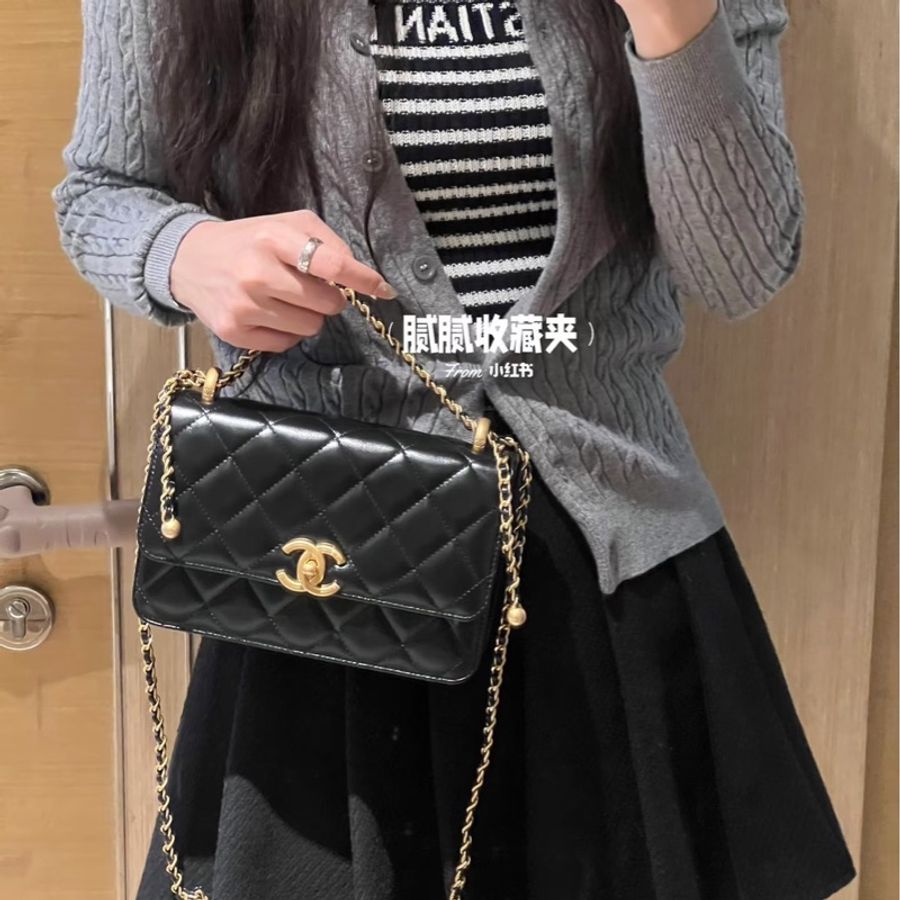 香奈兒 CHANEL 高級手工坊系列CF雙金珠22光面牛皮 黑色 金釦-2