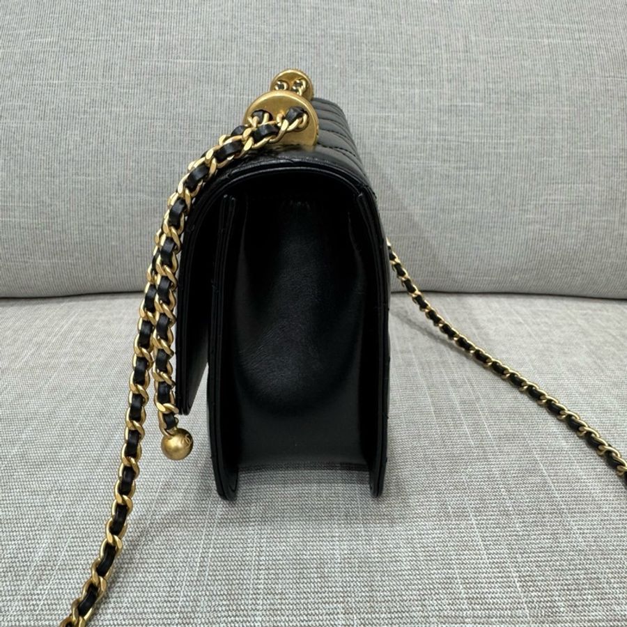 香奈兒 CHANEL 高級手工坊系列CF雙金珠22光面牛皮 黑色 金釦-9