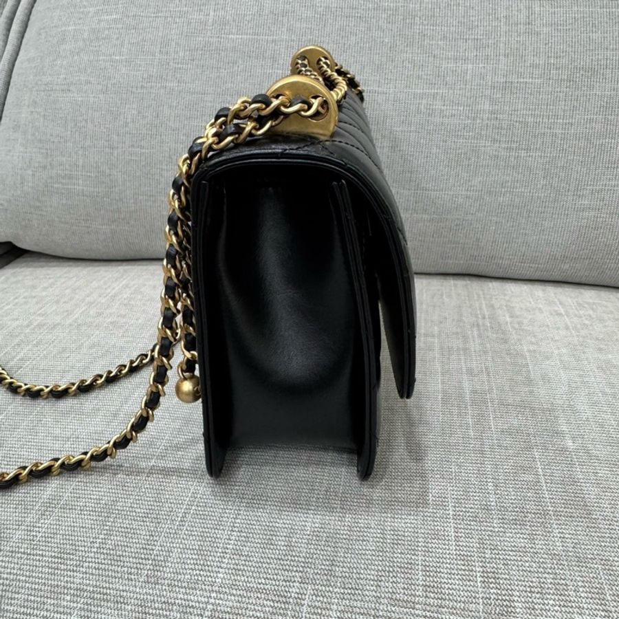 香奈兒 CHANEL 高級手工坊系列CF雙金珠22光面牛皮 黑色 金釦-10