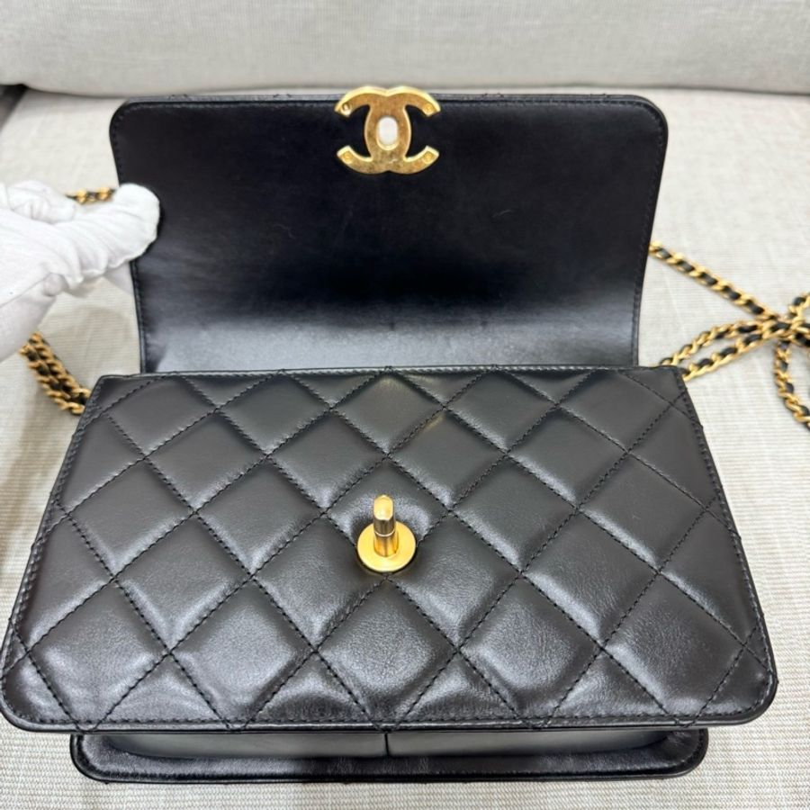 香奈兒 CHANEL 高級手工坊系列CF雙金珠22光面牛皮 黑色 金釦-33