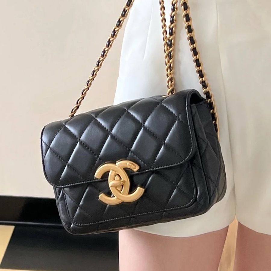 全網最低價🤩Chanel黑金24s大logo菱格紋方胖子斜挎單肩包-4