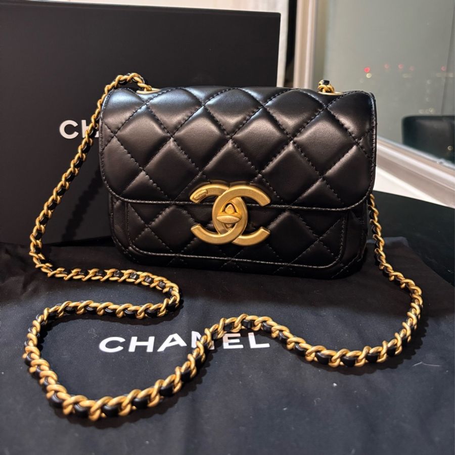 全網最低價🤩Chanel黑金24s大logo菱格紋方胖子斜挎單肩包-5