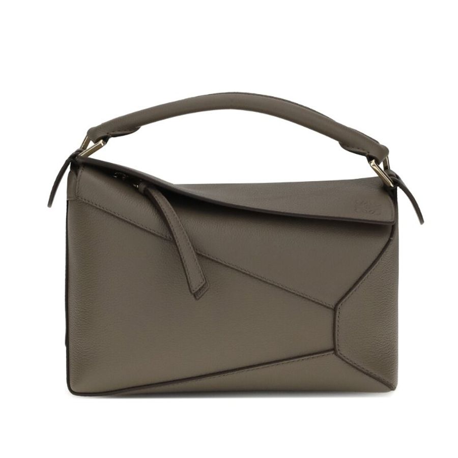 【LOEWE 羅威】Small Puzzle 小款 柔軟粒面小牛皮 拼圖包 幾何 拼接包 肩背包 Taupe 灰褐色-0