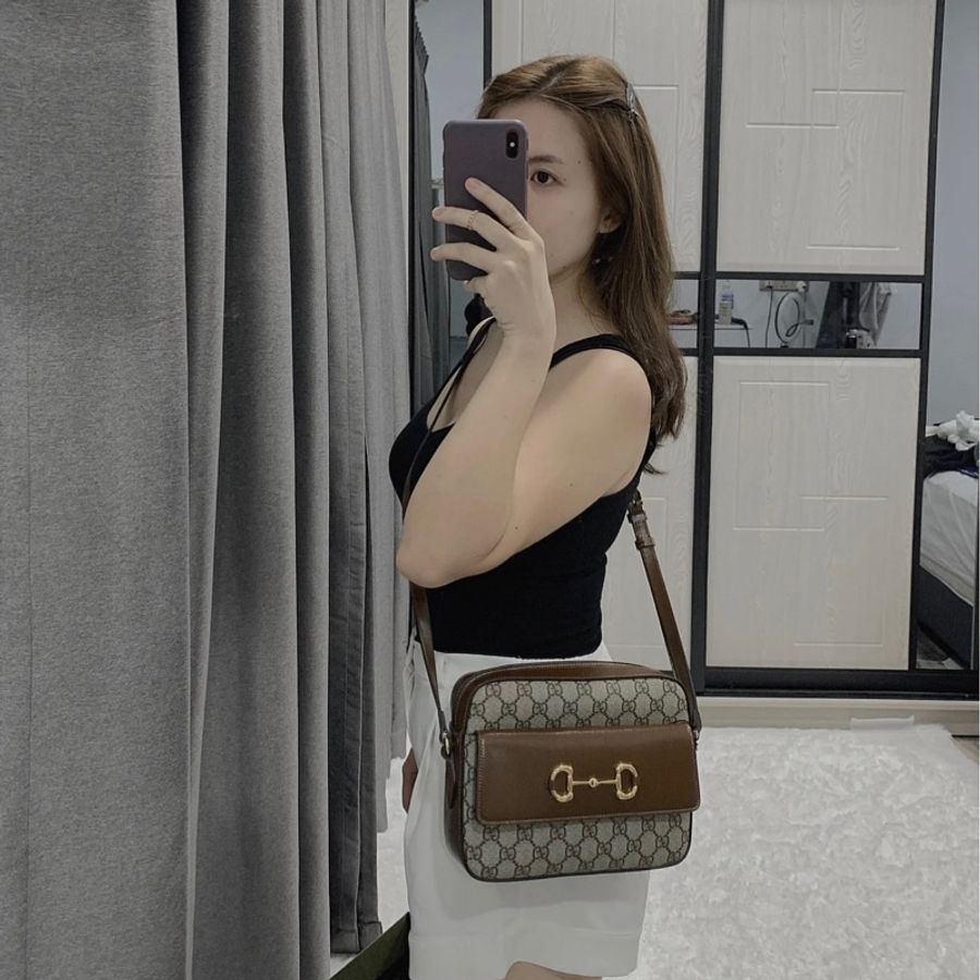 GUCCI古馳 Horsebit 1955 金色馬銜扣老花相機斜挎包 女款 烏木色-3