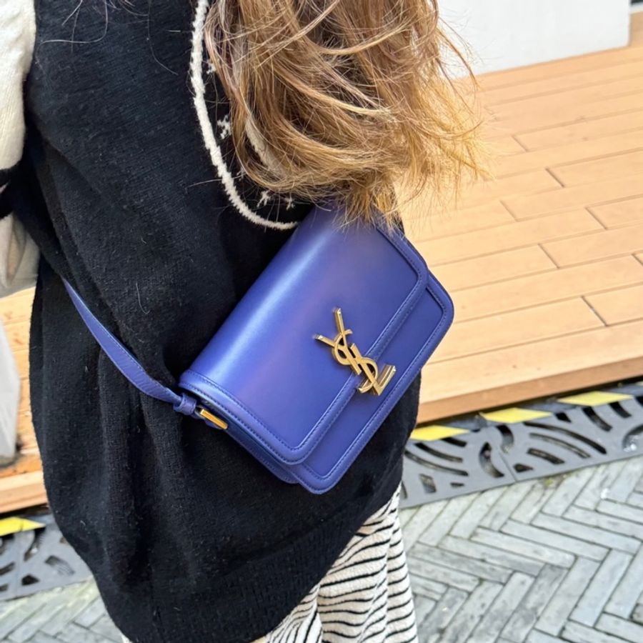 SAINT LAURENT聖羅蘭 金標Logo 皮革 單肩斜挎包 小號 女款 寶石藍-2
