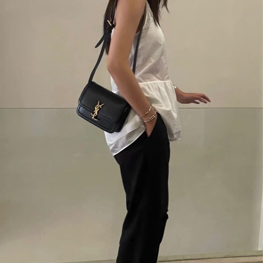 YSL Box 金標Logo 皮革 豆腐斜挎包 小號 女款 黑色-2