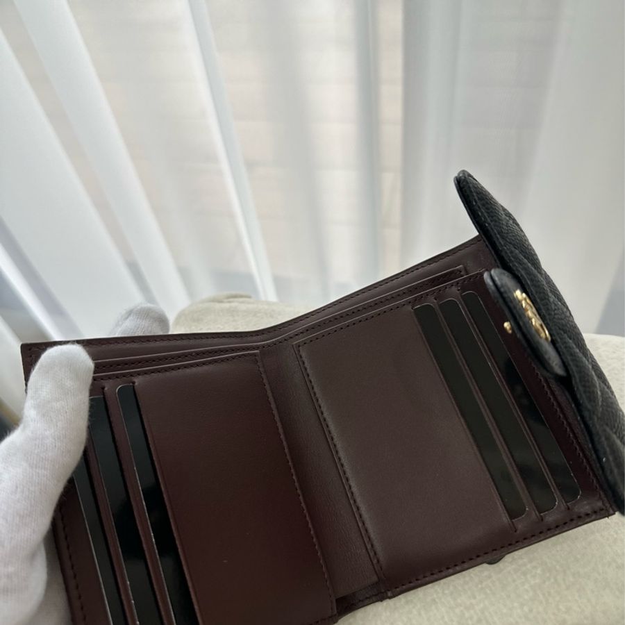 Chanel 經典三折短夾 黑金荔枝牛皮 全新全配-4