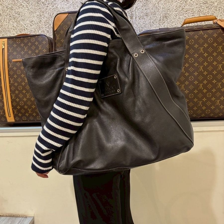 Gucci 黑皮革騎士刻印大托特包-2
