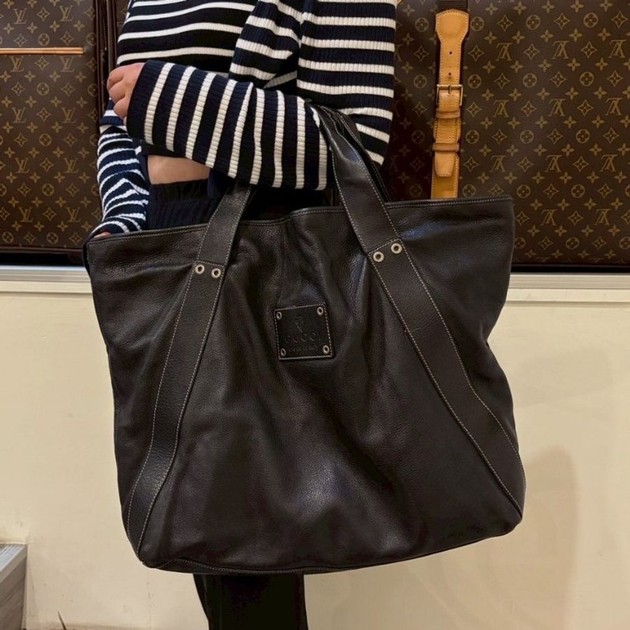 Gucci 黑皮革騎士刻印大托特包-3