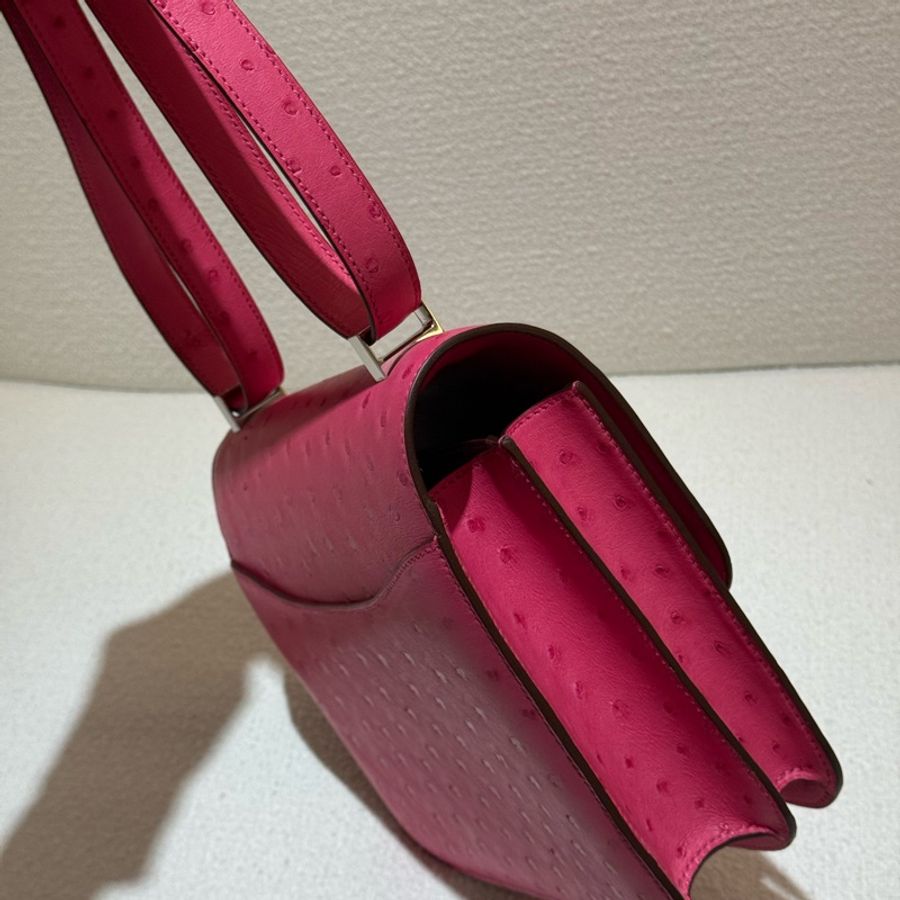 鴕鳥粉紅控Hermes E5粉色鴕鳥皮康康24cm肩背斜背包-19