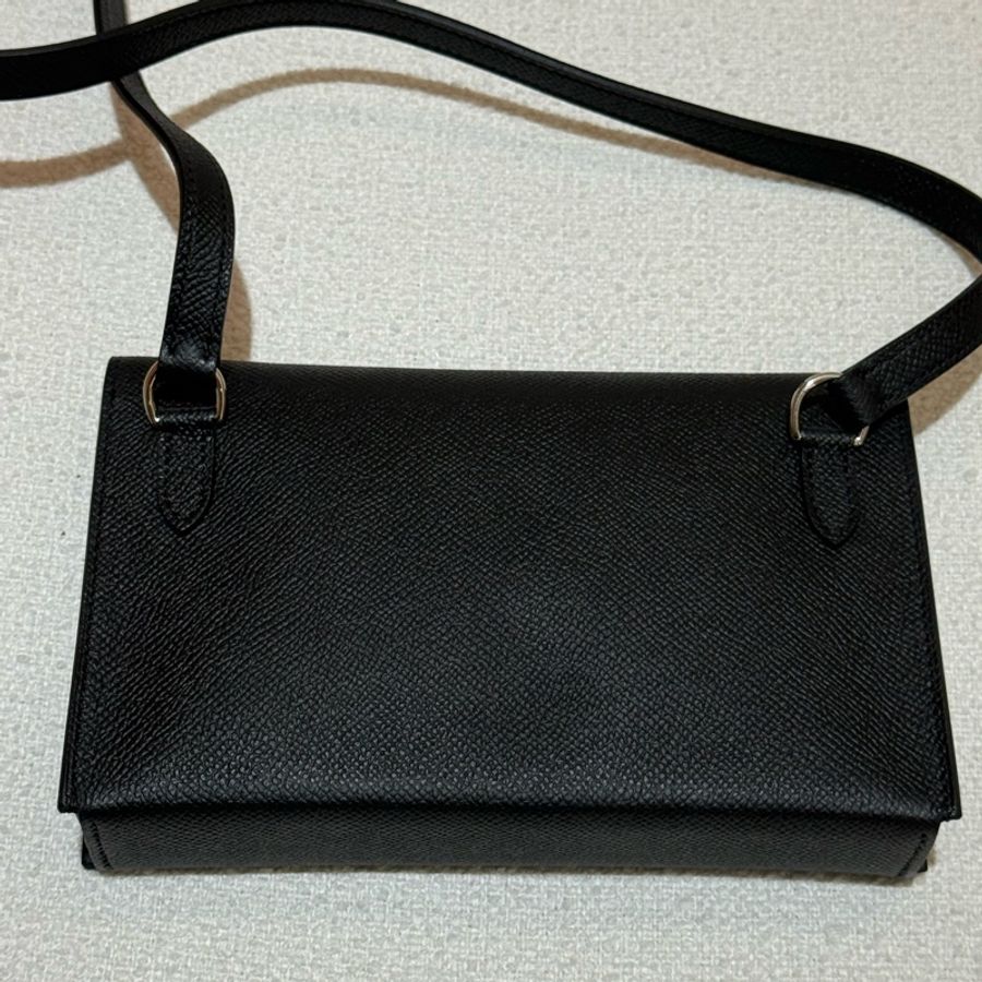 解放雙手小包HERMES Snap Wallet黑色全皮銀扣斜背包-10