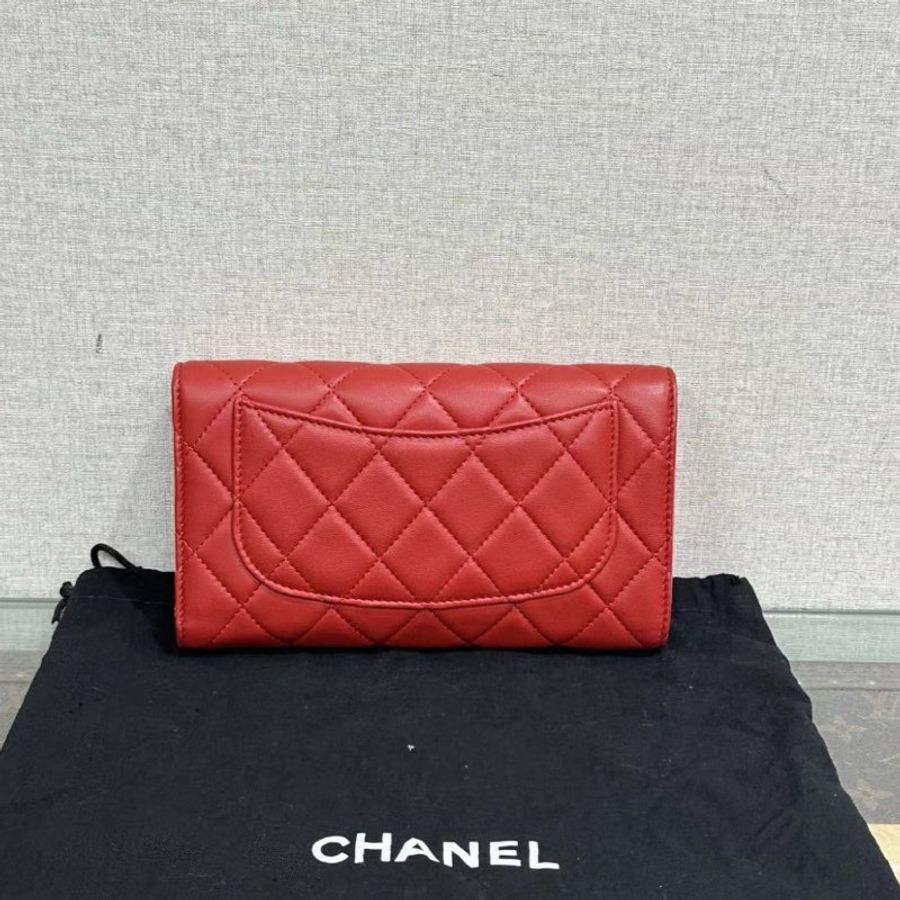 CHANEL 紅色菱格羊皮cf長夾 18*10.5*2 全新閒置配件塵袋保卡-5