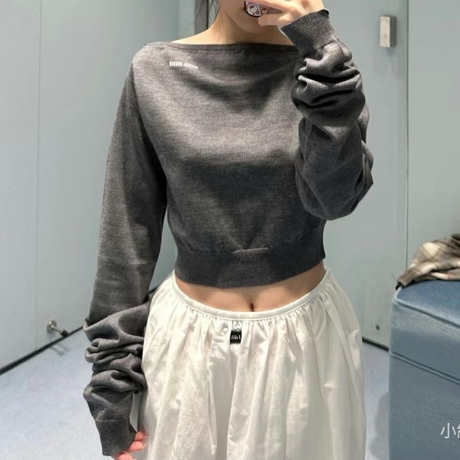 Miu Miu 短板一字領針織上衣 灰40號-0