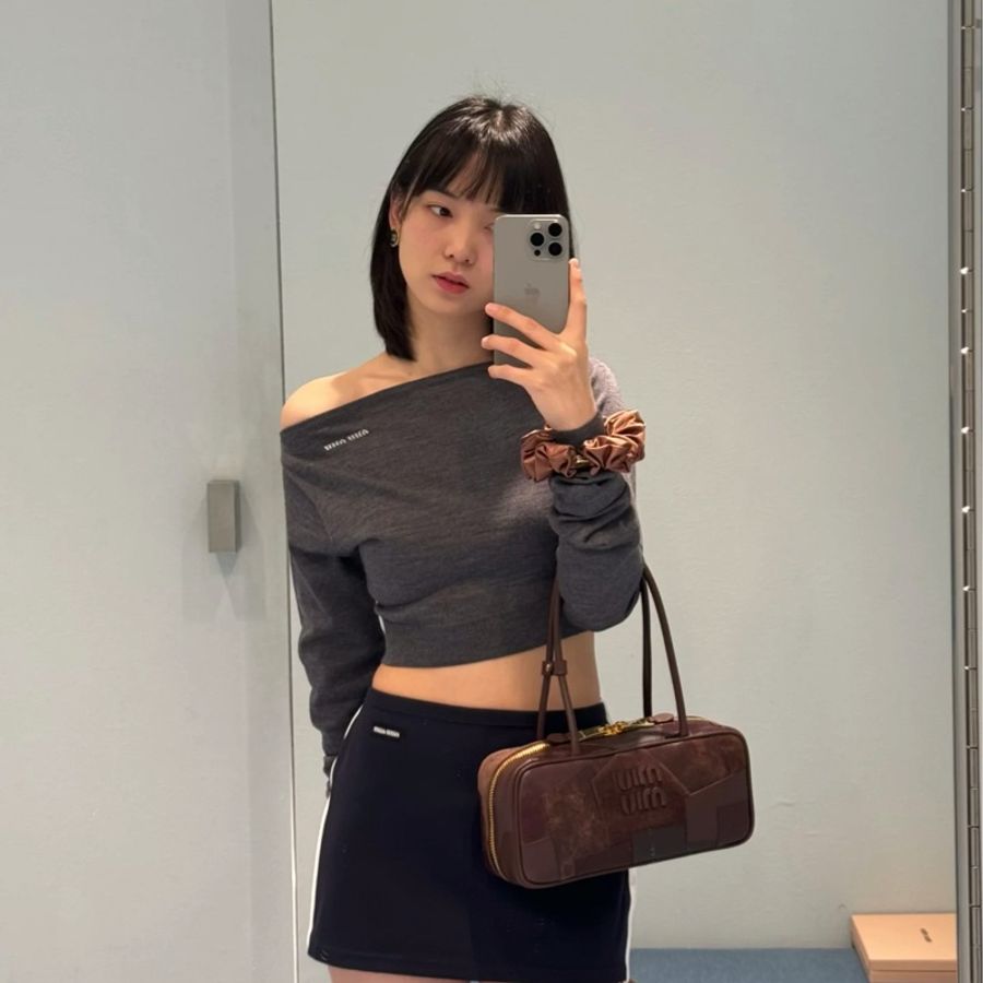 Miu Miu 短板一字領針織上衣 灰40號-3