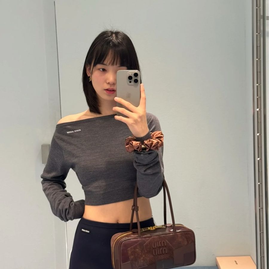 Miu Miu 短板一字領針織上衣 灰40號-4