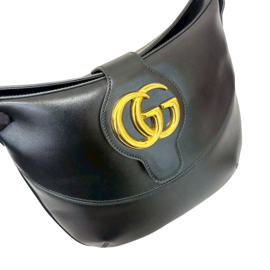 GUCCI包包黑色牛皮金釦雙G大logo馬鞍包 568857-7