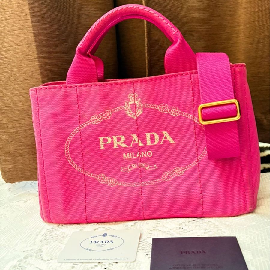 Prada 桃色單寧手提肩背包2way海灘包-1