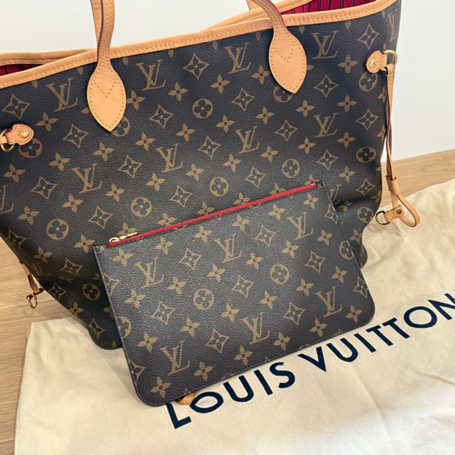 LV M46987 NEVERFULL MM 老花內櫻桃紅色中款 購物包(附小包)-6
