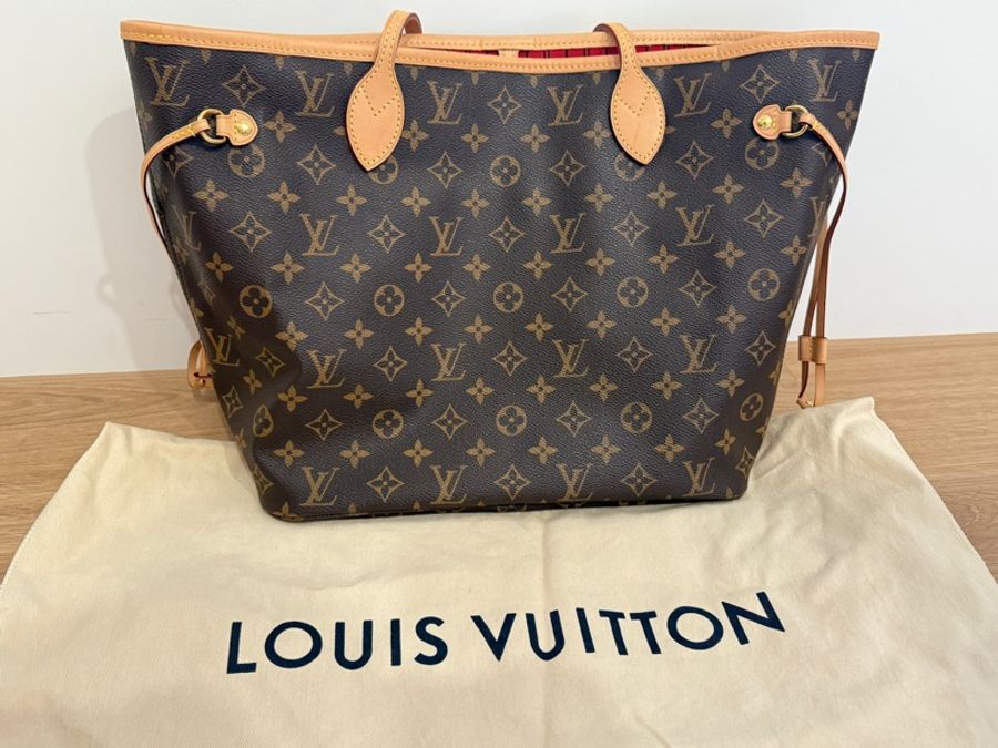 LV M46987 NEVERFULL MM 老花內櫻桃紅色中款 購物包(附小包)-7