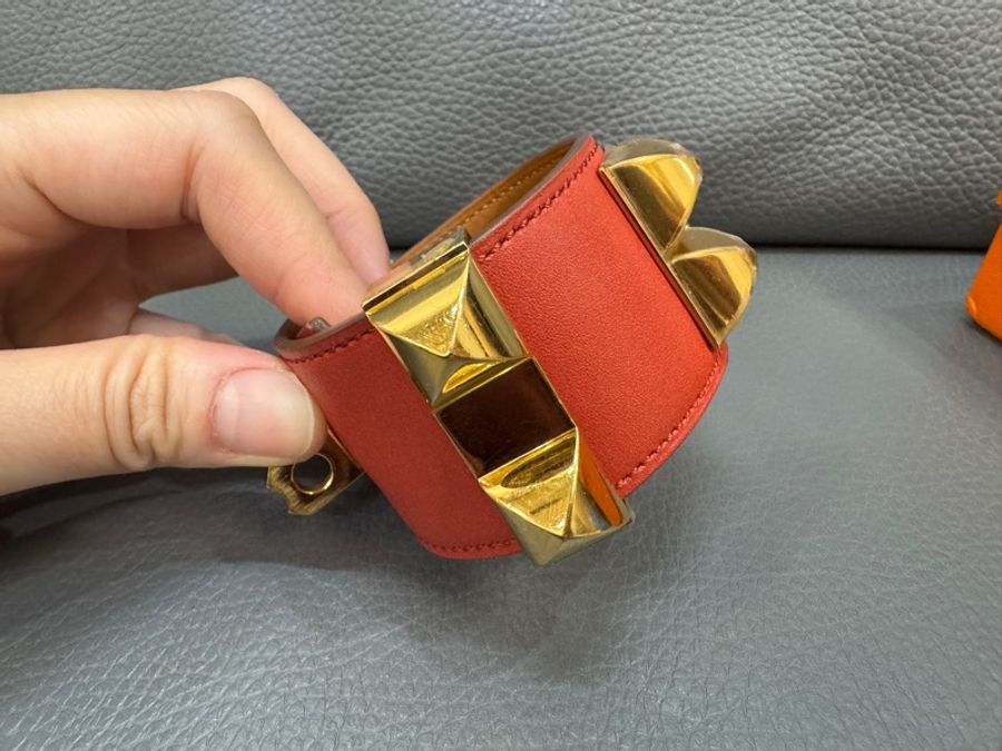 Hermes CDC 寬版金扣牛皮手環｜愛馬仕｜尺寸S｜橘紅-3