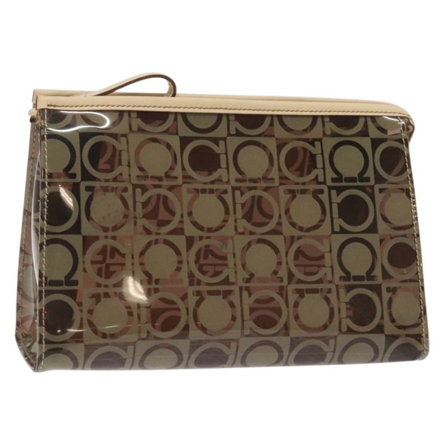 【日本直送】Salvatore Ferragamo Gancini 手拿包 棕色銀色乙烯基材質 正品 BA3982-0