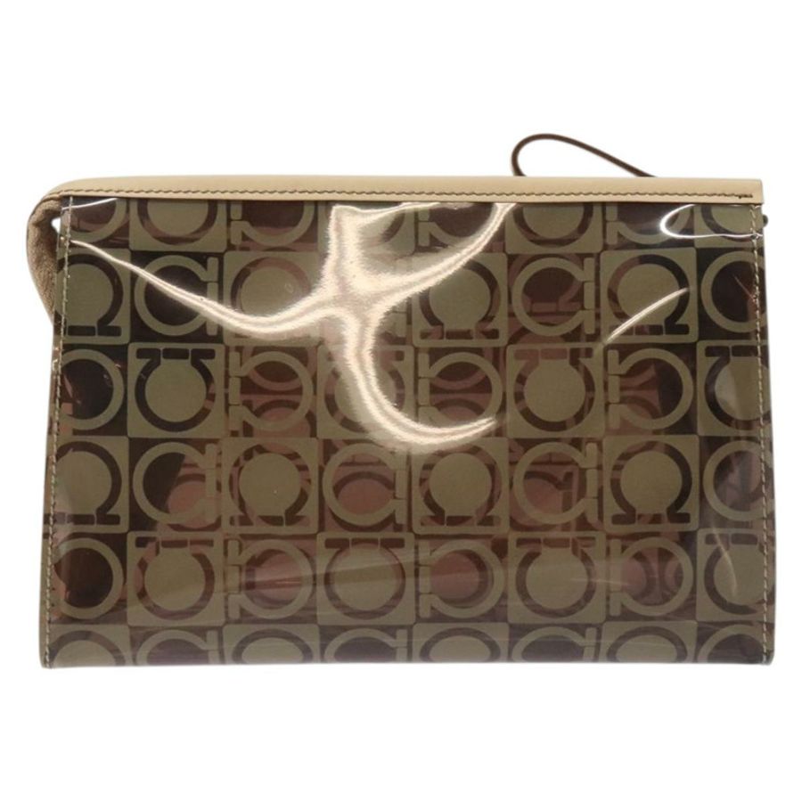 【日本直送】Salvatore Ferragamo Gancini 手拿包 棕色銀色乙烯基材質 正品 BA3982-1