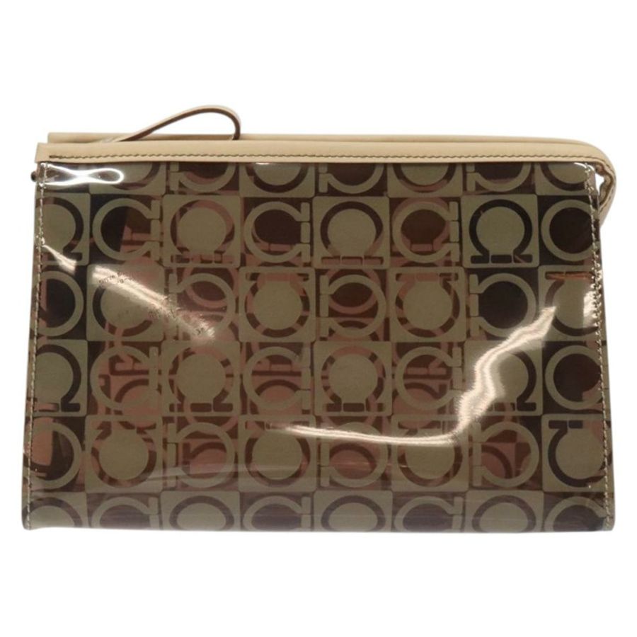 【日本直送】Salvatore Ferragamo Gancini 手拿包 棕色銀色乙烯基材質 正品 BA3982-12