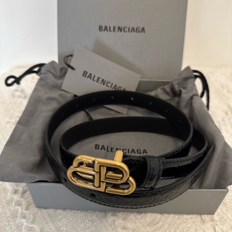 Balenciaga巴黎世家 BB 標誌做舊扣皮帶2cm 黑色 女款 80碼-0