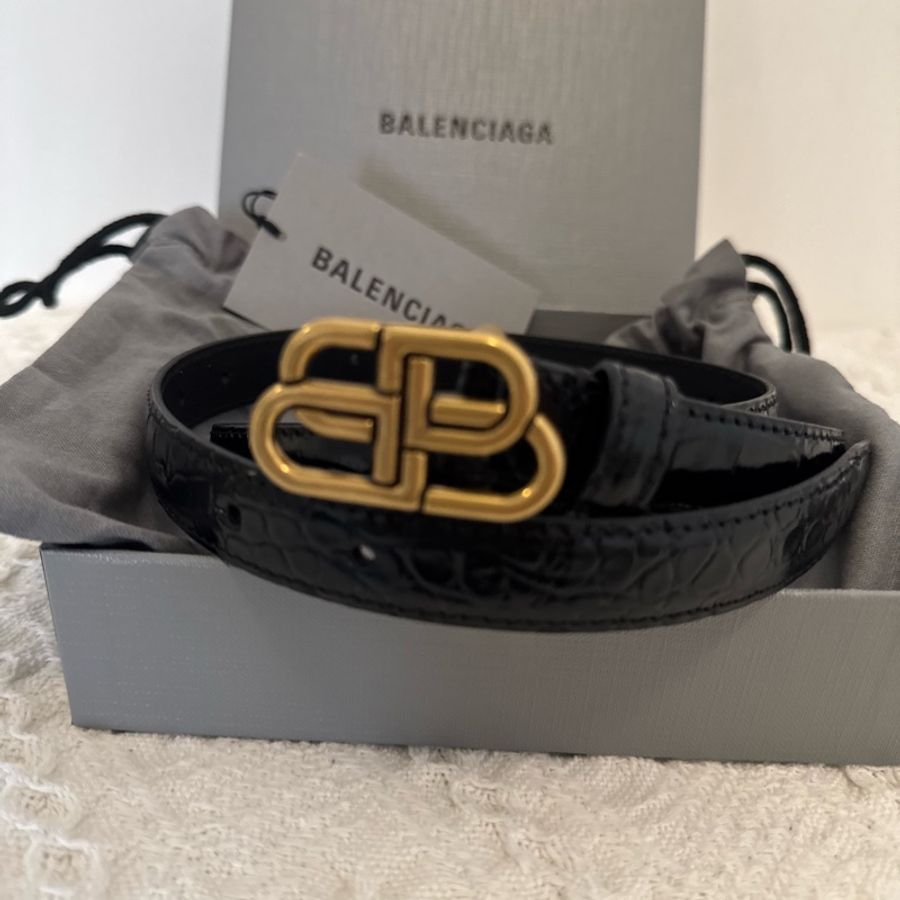 Balenciaga巴黎世家 BB 標誌做舊扣皮帶2cm 黑色 女款 80碼-1
