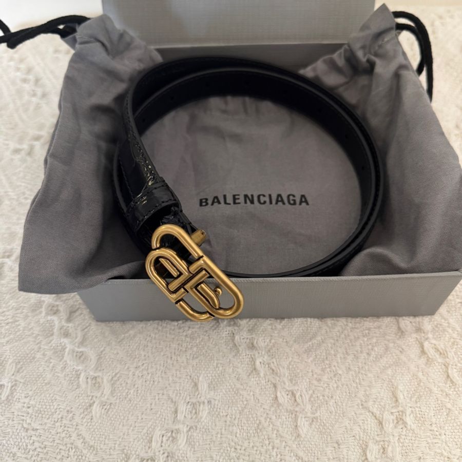 Balenciaga巴黎世家 BB 標誌做舊扣皮帶2cm 黑色 女款 80碼-4
