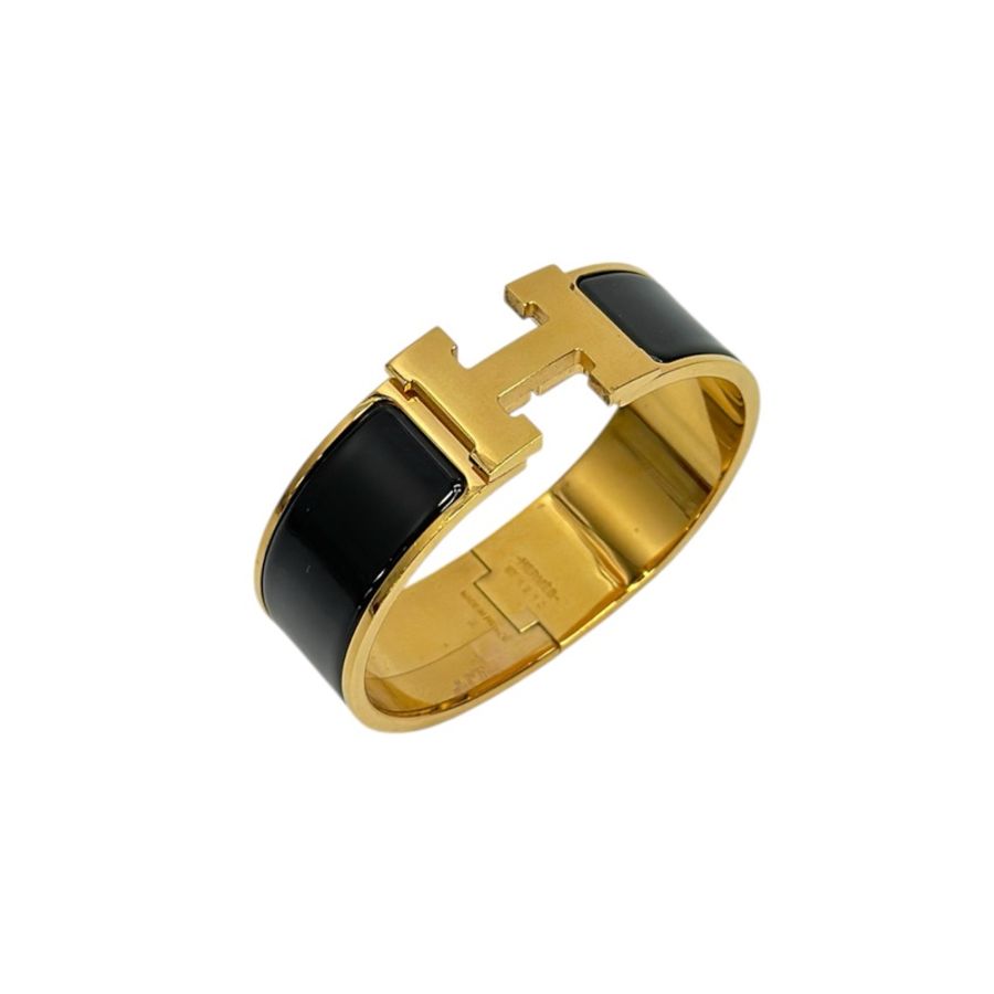 Hermes 黑色琺瑯金釦Clic Clac H寬版手環-0