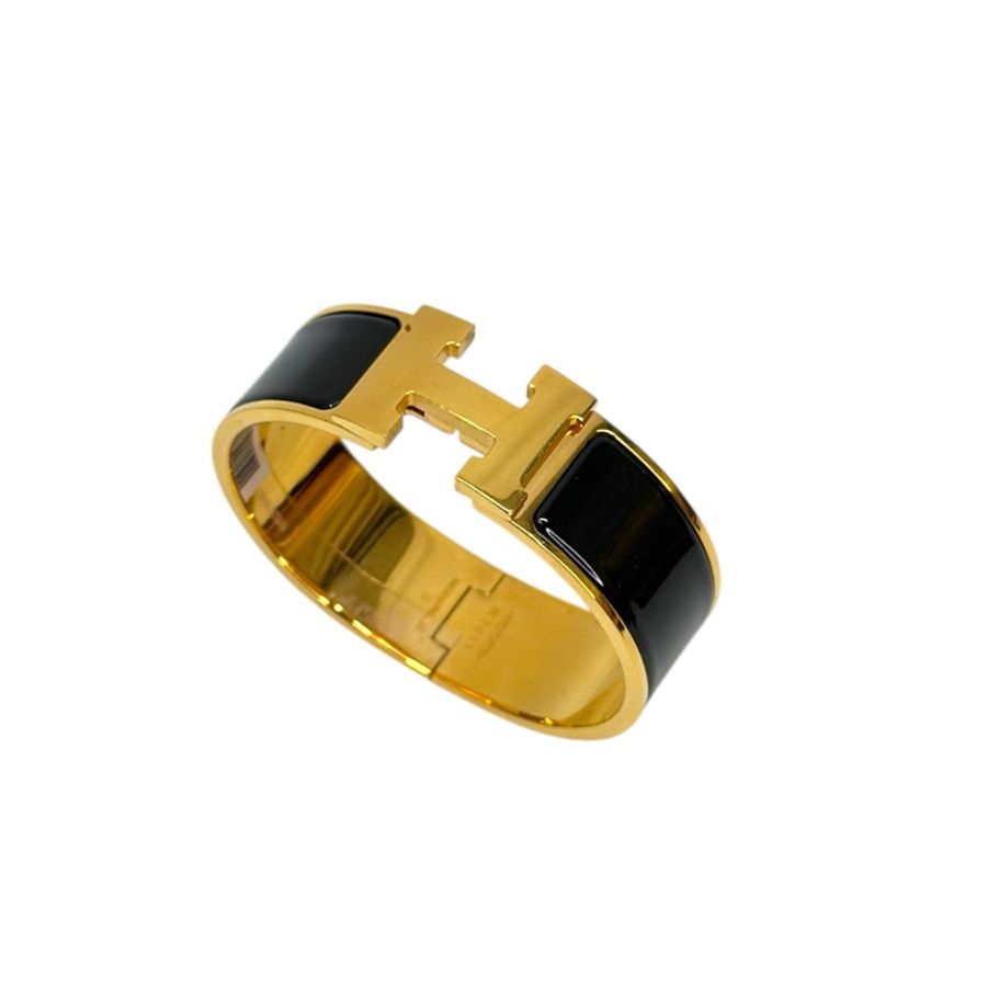 Hermes 黑色琺瑯金釦Clic Clac H寬版手環-1