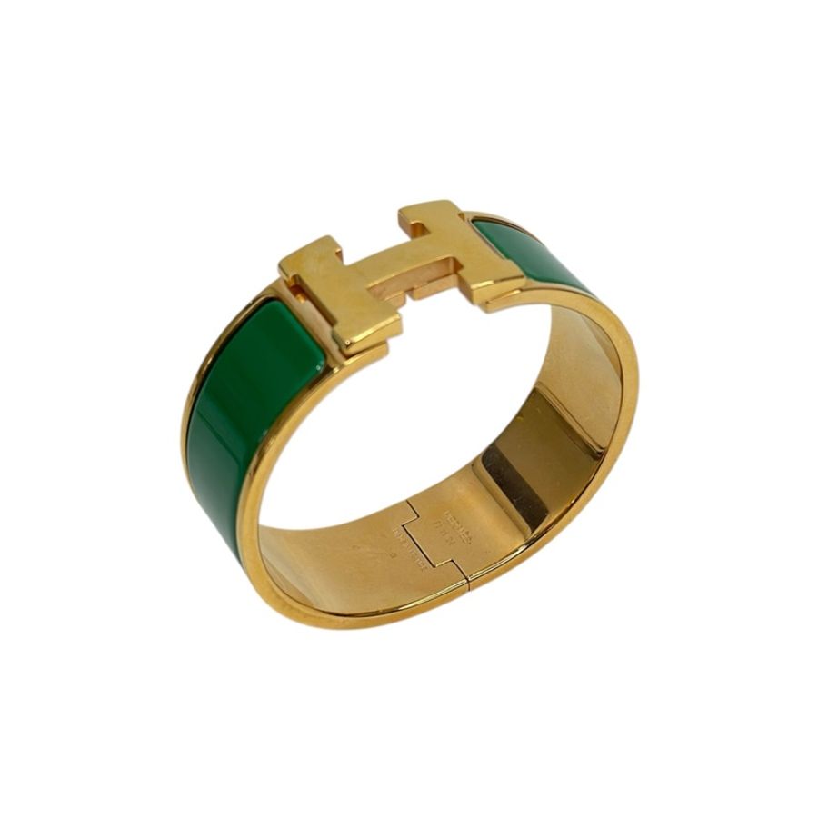 Hermes 綠色琺瑯金釦Clic Clac H寬版手環-2