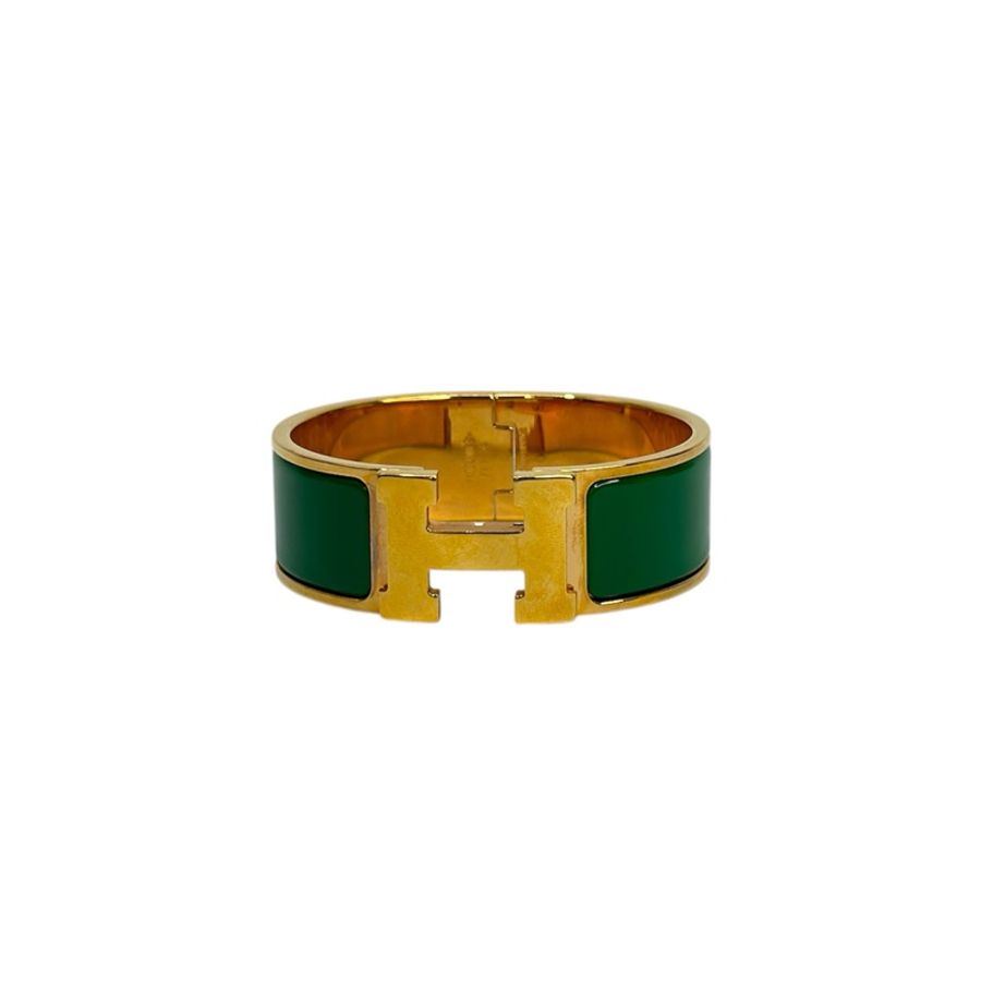 Hermes 綠色琺瑯金釦Clic Clac H寬版手環-4