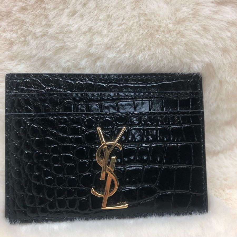 YSL 聖羅蘭 黑色壓鱷魚紋金色扣卡包 XA411-9