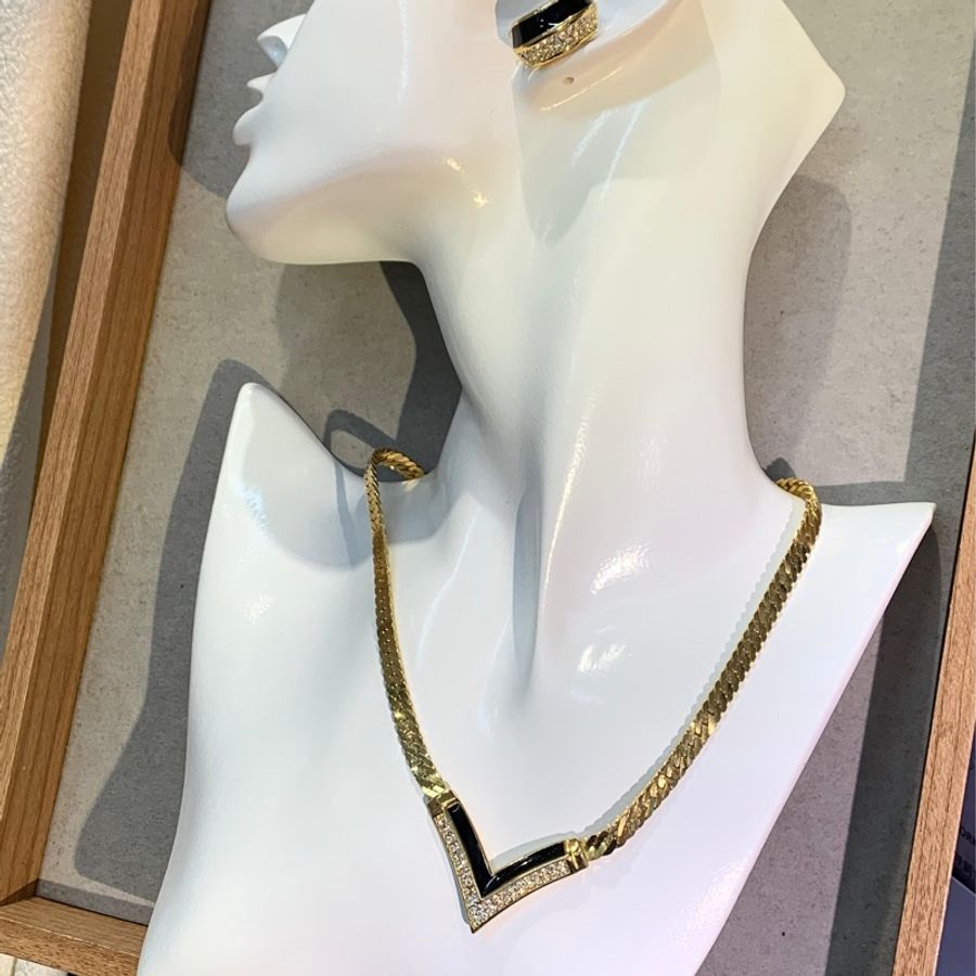 Dior 迪奧 金色黑色復古蛇骨項鏈耳夾套裝 X774-0