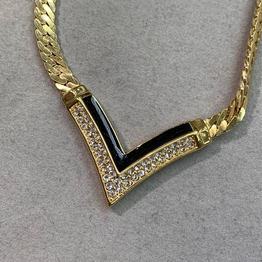 Dior 迪奧 金色黑色復古蛇骨項鏈耳夾套裝 X774-1