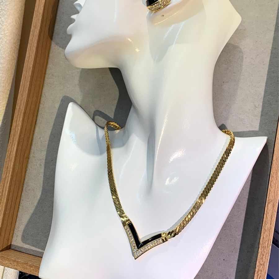 Dior 迪奧 金色黑色復古蛇骨項鏈耳夾套裝 X774-12