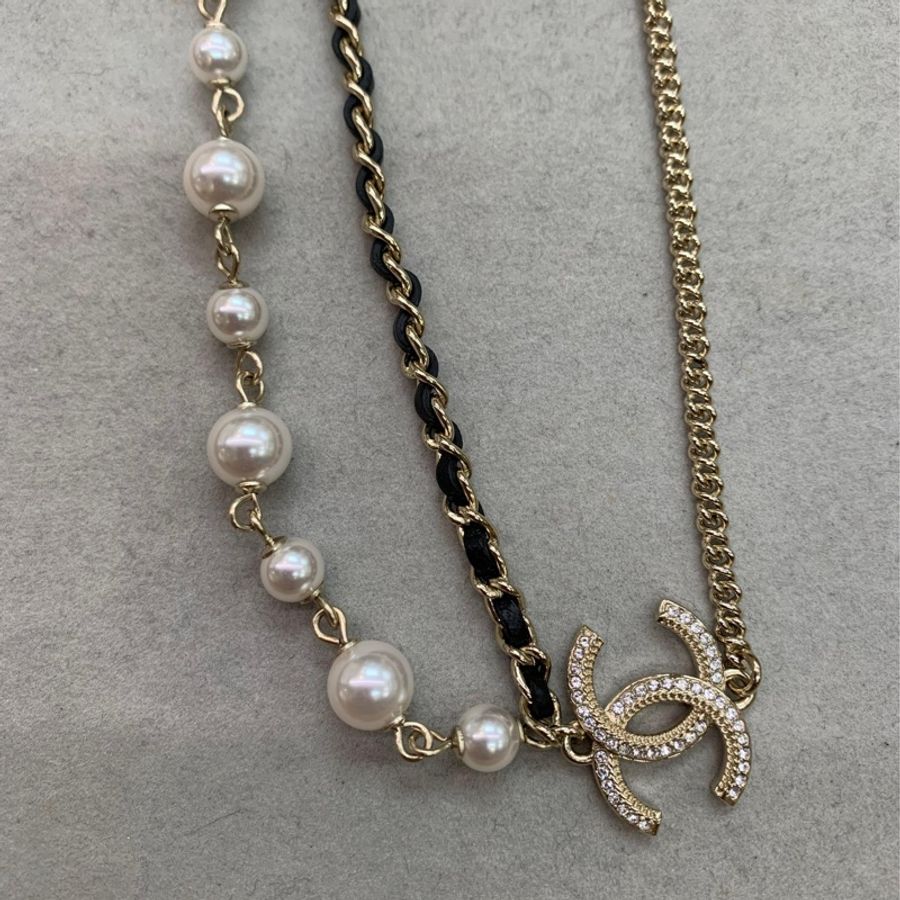 CHANEL 珍珠雙層 皮穿鏈 閃石雙C logo項鏈 X950-9
