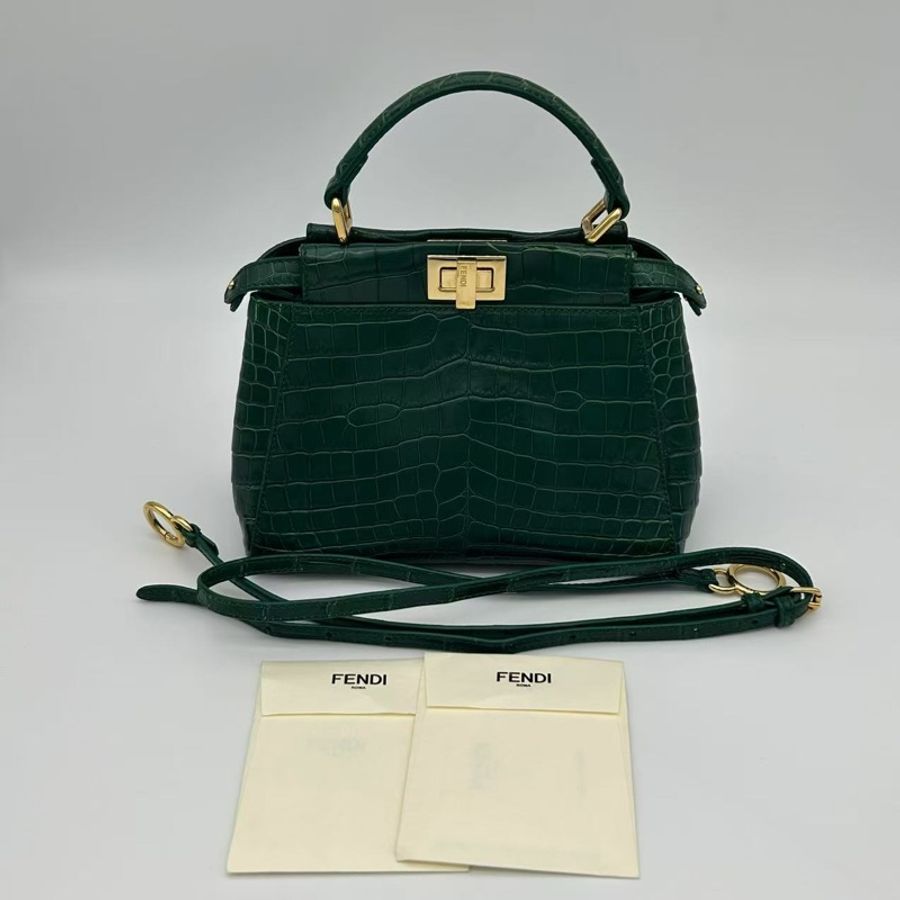 「JL精品代購」 Fendi 2way墨綠色鱷魚皮單肩手提包-0