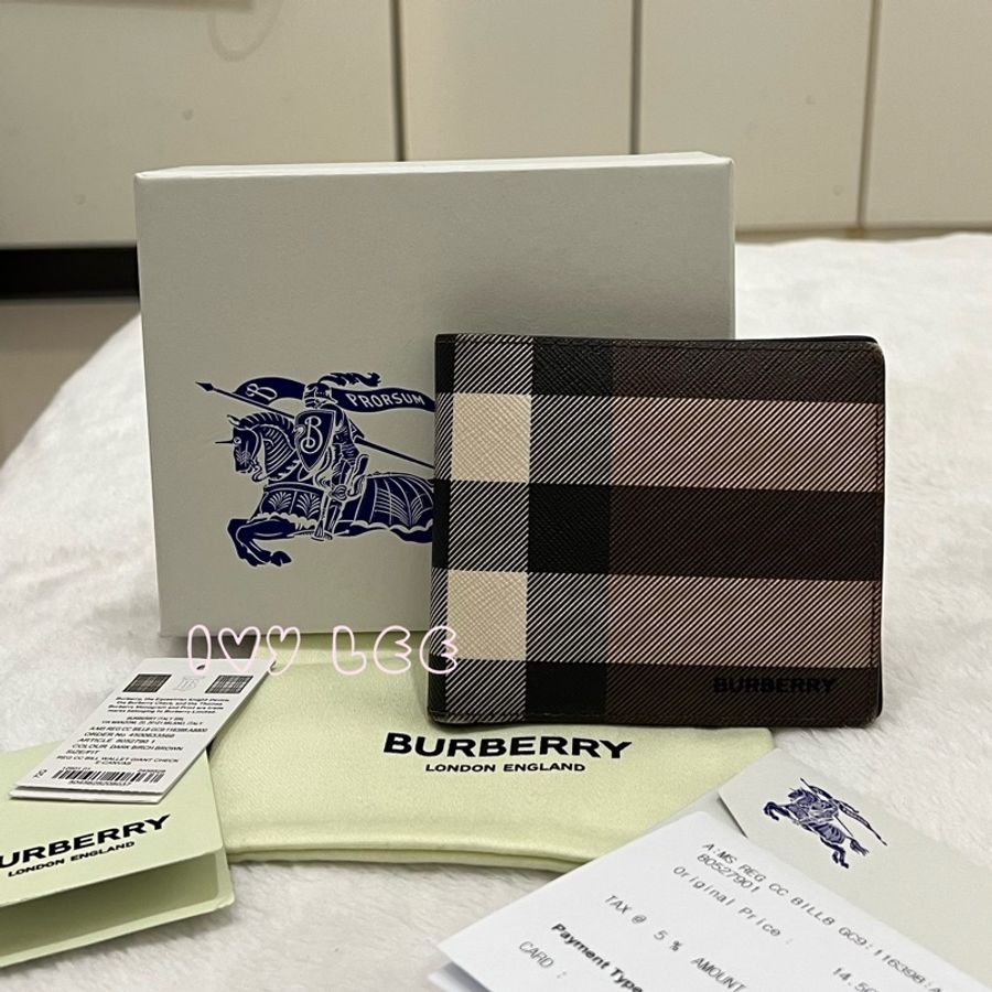 Burberry 80527901 經典格紋拼皮革 雙折錢夾 棕色黑色 短夾 正品 二手精品-0