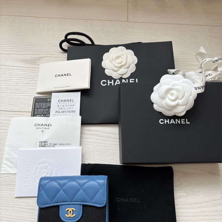 「二手」Chanel 金釦 藍色 雙層 卡夾 零錢包-0