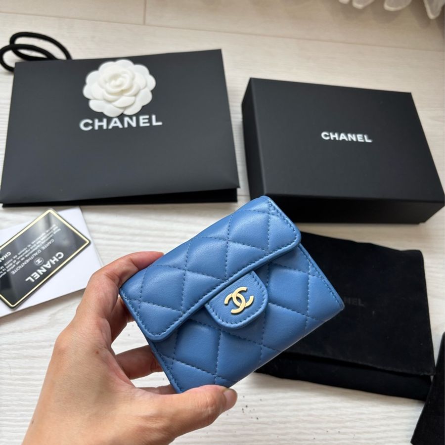 「二手」Chanel 金釦 藍色 雙層 卡夾 零錢包-2