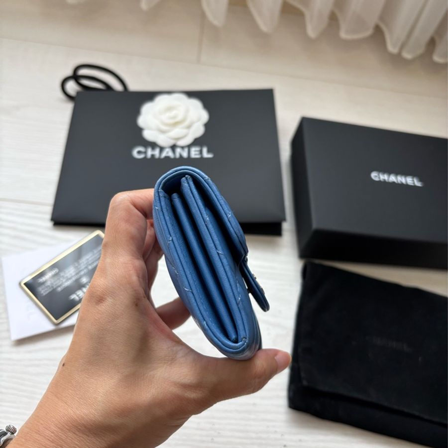 「二手」Chanel 金釦 藍色 雙層 卡夾 零錢包-4