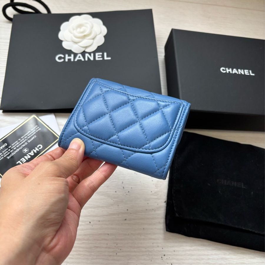 「二手」Chanel 金釦 藍色 雙層 卡夾 零錢包-5