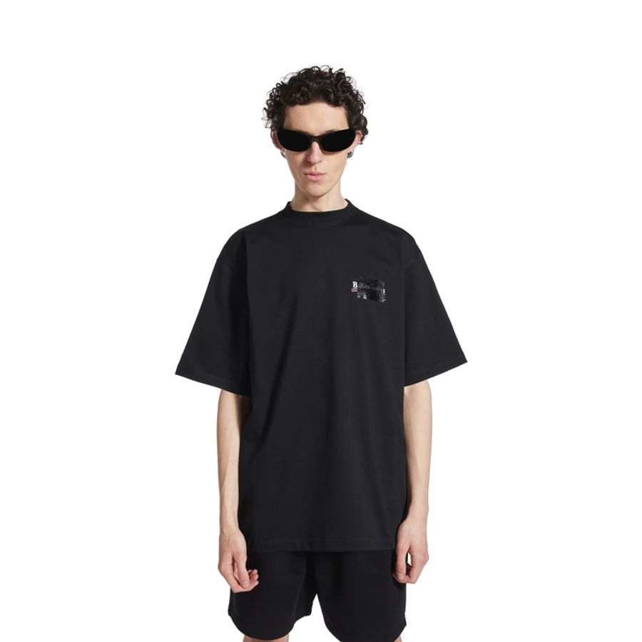 Balenciaga巴黎世家純色徽標印花遮擋圓領短袖T恤 男款 黑色-4