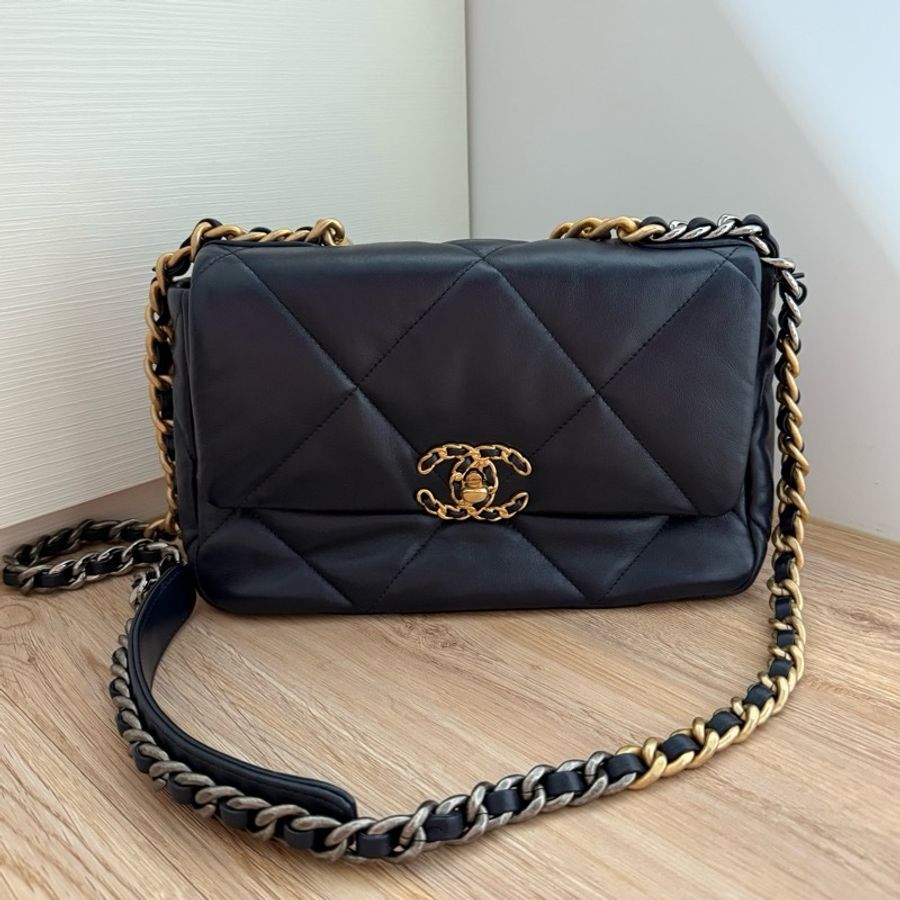 CHANEL 19 口蓋包 菱格紋 手提 肩背包 深藍19包 26CM 原廠盒子/防塵袋-0
