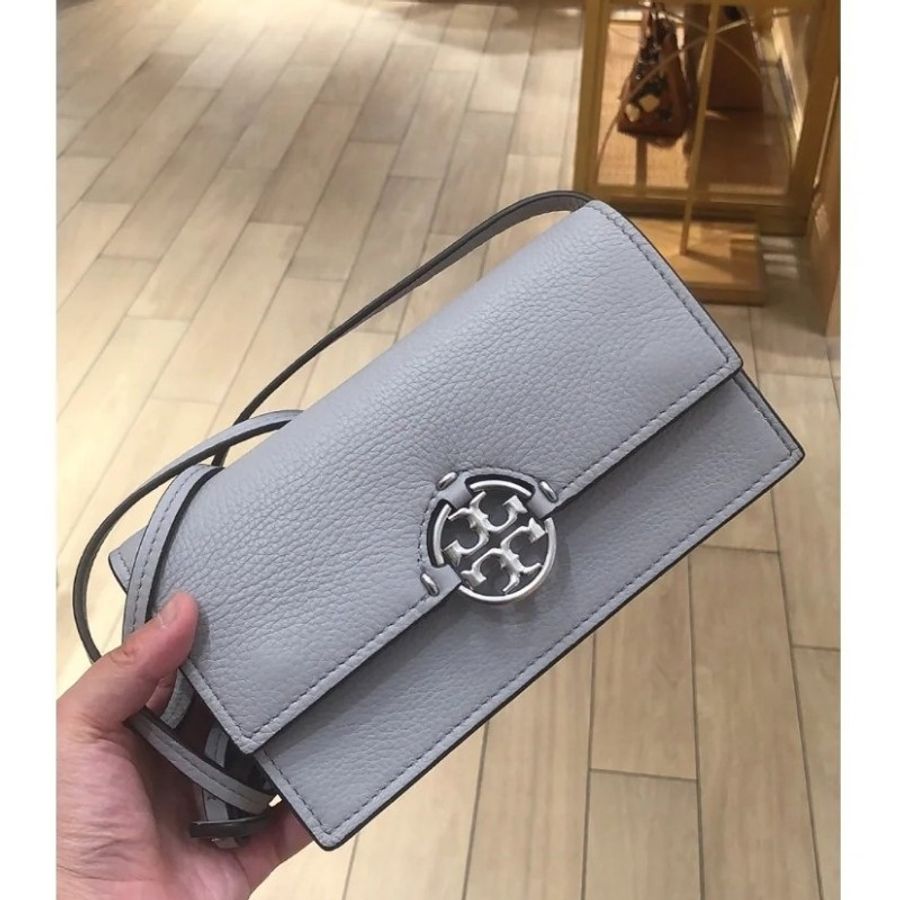 TB Toryburch MILLER 專櫃款 可拆帶皮革手拿/斜背包(淺灰)小款 全新(不可議)-6