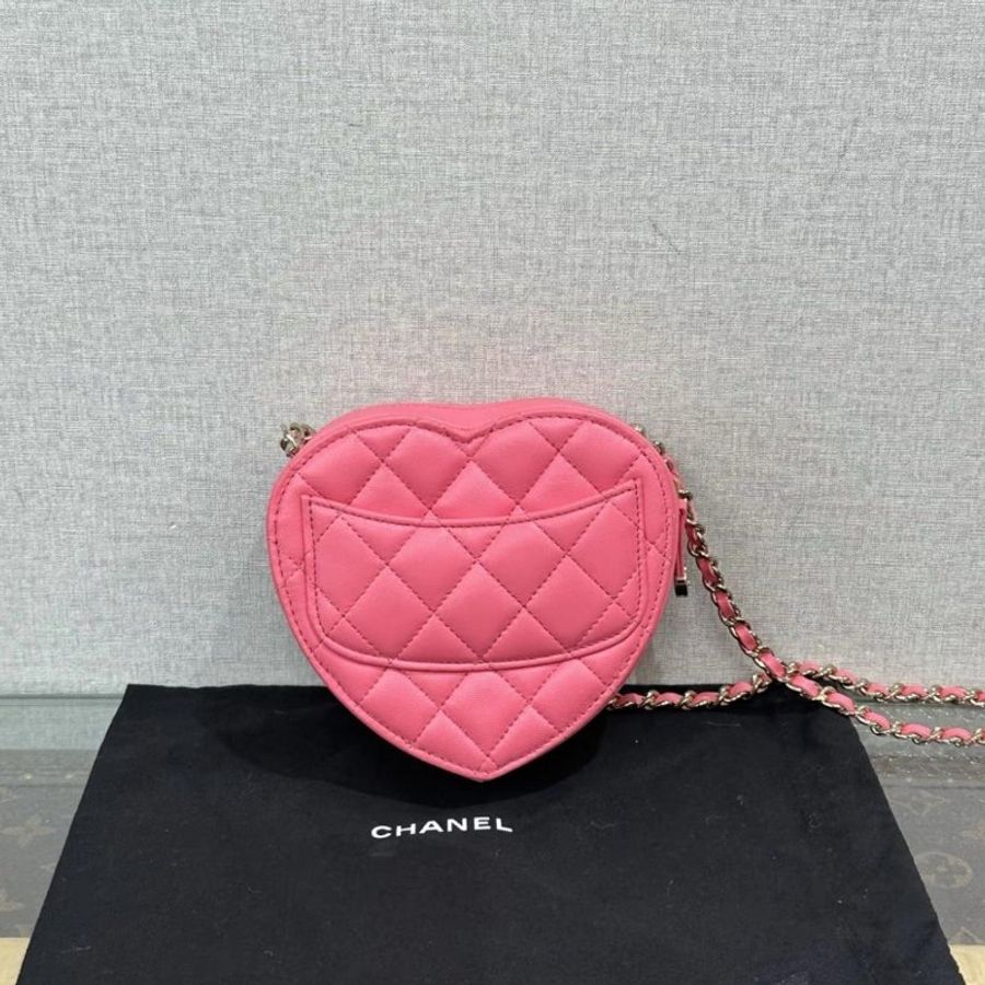 CHANEL 粉金愛心菱格紋肩背斜背包13*12*5 99新 配件盒子塵袋保卡-2